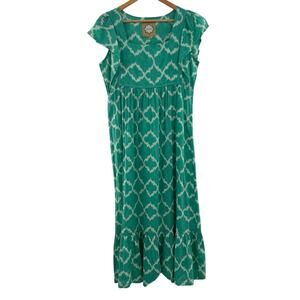 Tanavana Green & White 100% Cotton Hand Crafted Geometric Print Midi Dress M